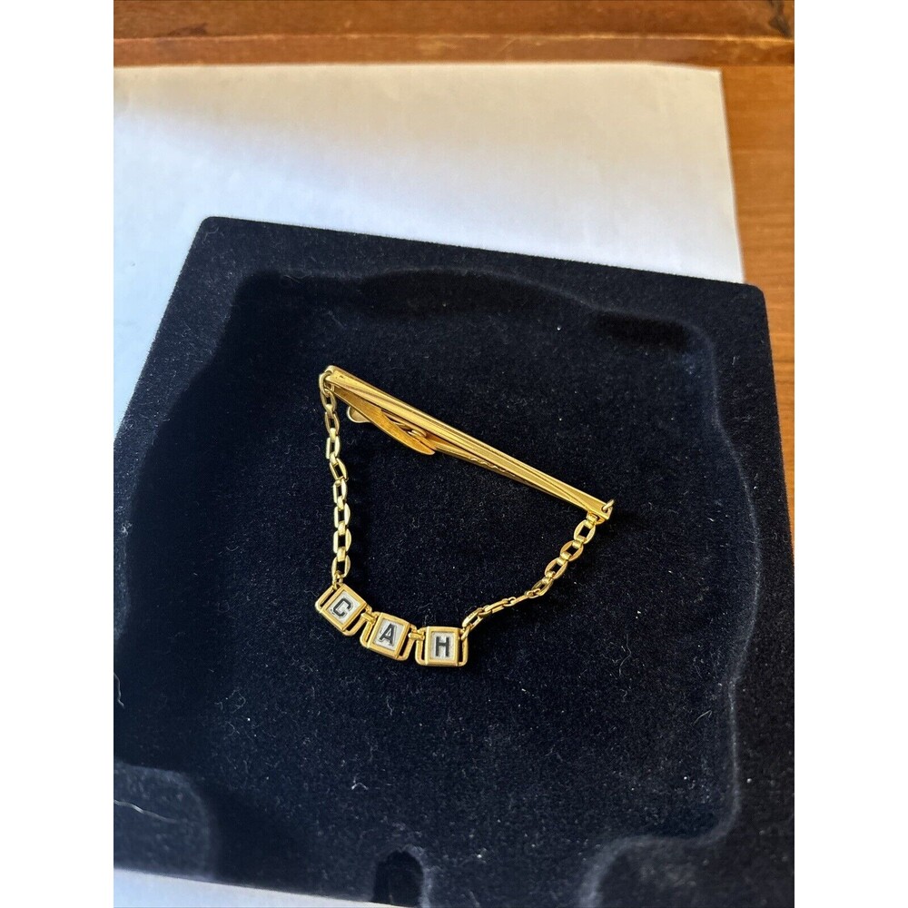 Vintage HICKOK Plate With Chain CAH Gold tone Mens Tie Clip Bar Made In USA